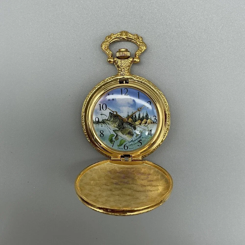 Largemouth Bass Pocket Watch Men 46mm Gold Tone Full Hunter Chain New Battery